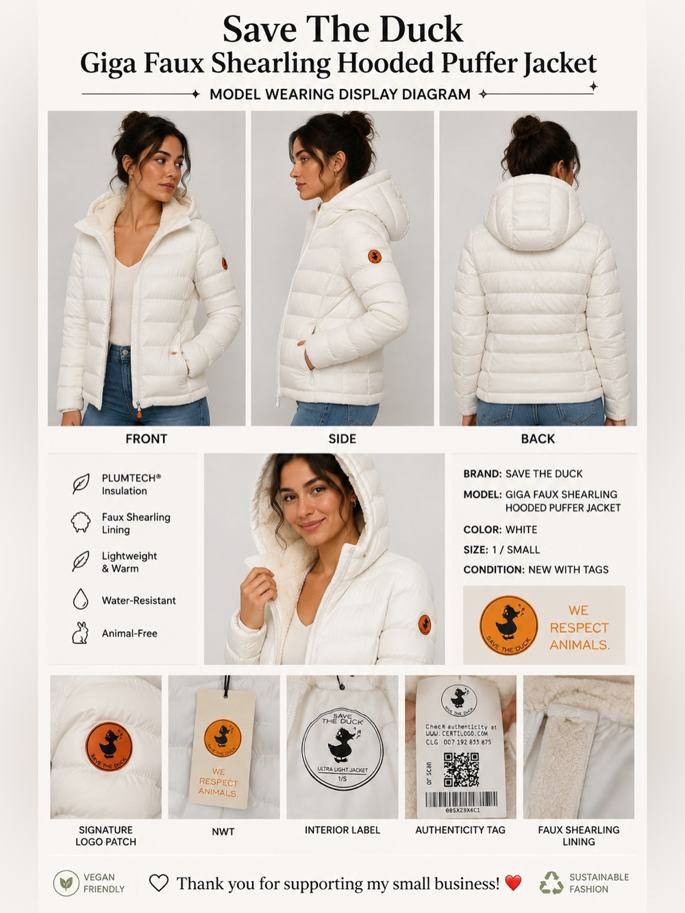 Save The Duck Giga Faux Shearling Hooded Puffer Jacket White Women's Size 1/S
